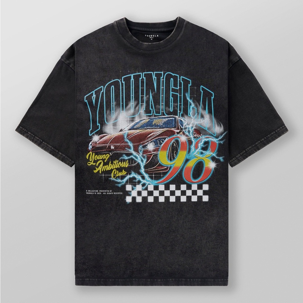 Mens YoungLA 4058 Inferno Graphic Retro Tee - Black Track Thunder Size Large